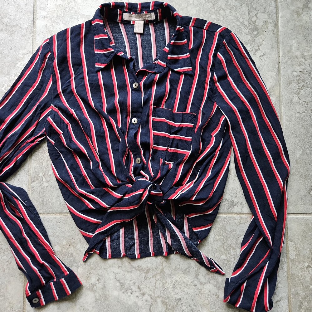 Forever 21 Shirt Womens Striped Cropped Button Up Collared Tie Front Size XS